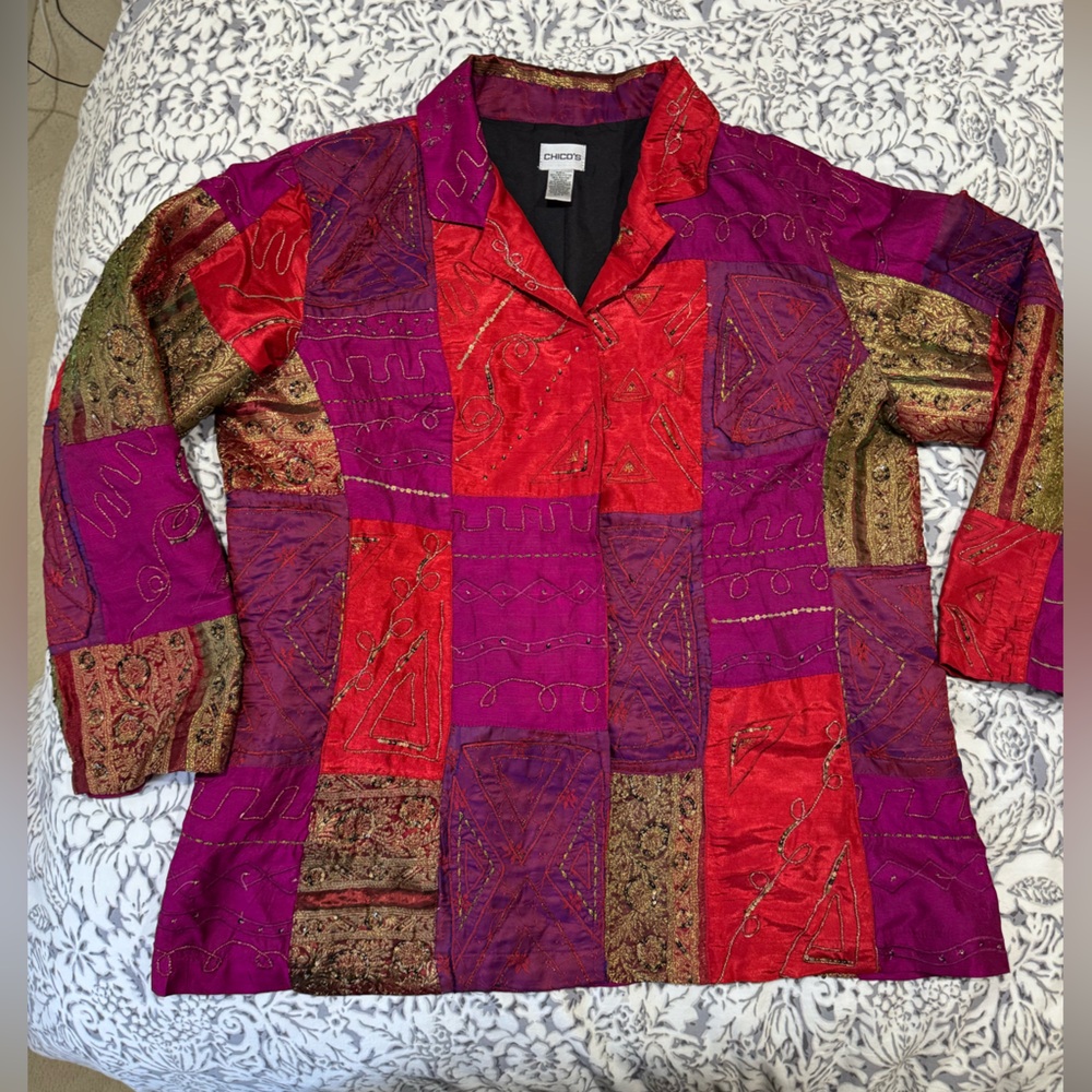 Chico’s stunning & Unique metallic zardozi embroidery patchwork sz 3 vanity = XL